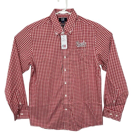 Cincinnati Reds Button Front Shirt Plaid Cutter & Buck Mens Sz S Red White NWT - Picture 1 of 8
